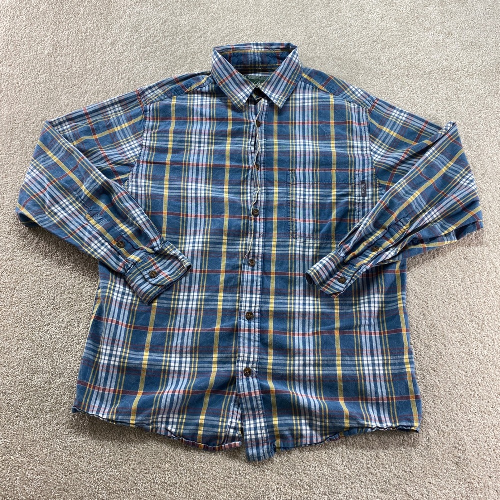 Woolrich Plaid Button Up Shirt Mens Medium Blue Yellow Cotton Flannel
